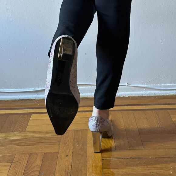 Timothy Hitsman Purple Grey Snake Embossed Leather Gold Metal Wire Heels us 11 - Picture 5 of 9